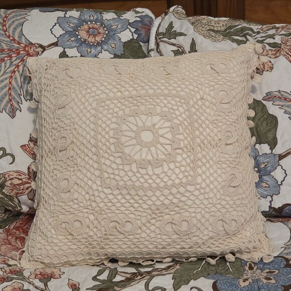 Crochet Lace Macrame Decorative Throw Pillow Cream 15x15 in. Bed Couch Chair - Picture 2 of 8